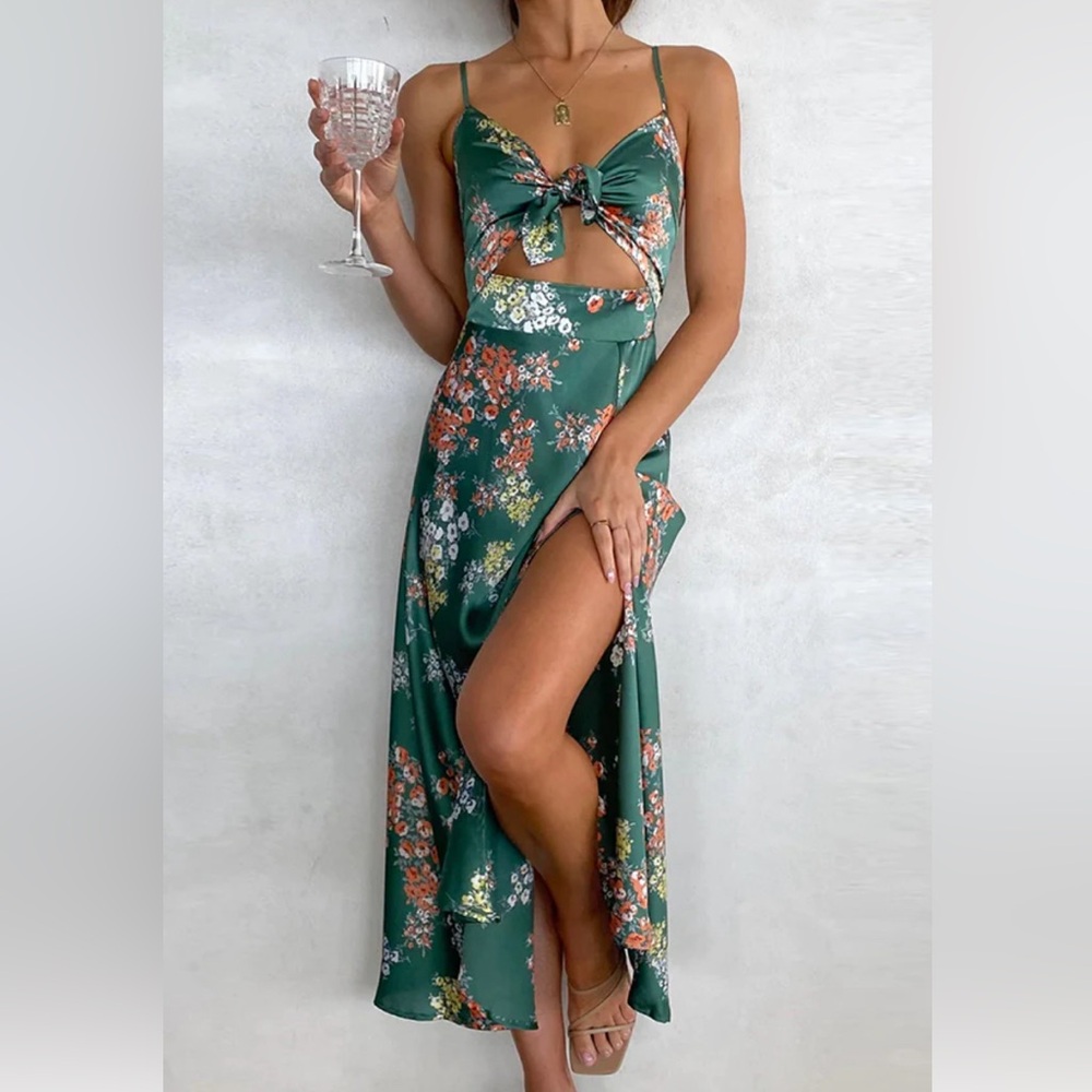 Green floral satin slit midi dress